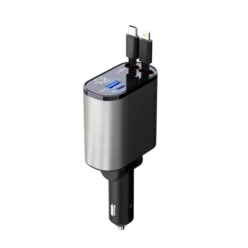 Carregador de carro retrátil, carregador rápido de para carro 4 em 1 para iPhone e Android