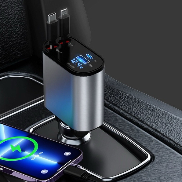 Carregador de carro retrátil, carregador rápido de para carro 4 em 1 para iPhone e Android