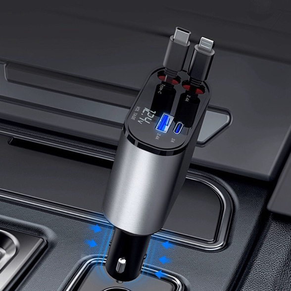 Carregador de carro retrátil, carregador rápido de para carro 4 em 1 para iPhone e Android