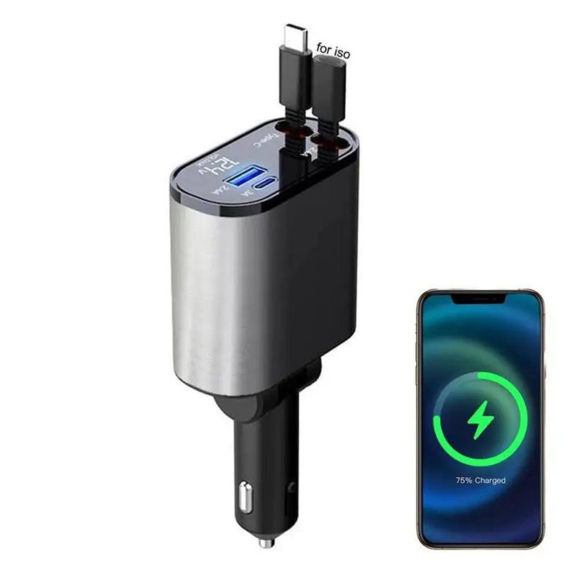 Carregador de carro retrátil, carregador rápido de para carro 4 em 1 para iPhone e Android