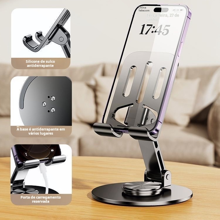 Suporte Alumínio de Mesa Base Rotatória Ajustável 360º Para Smartphones e Tablets