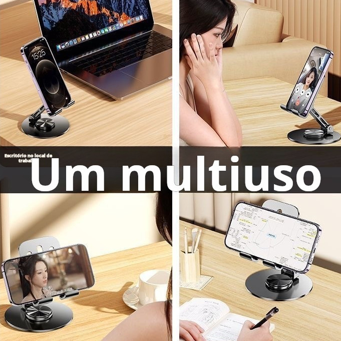 Suporte Alumínio de Mesa Base Rotatória Ajustável 360º Para Smartphones e Tablets